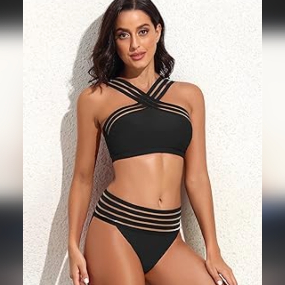 Hilor Black Webbing Bikini Sheer Mesh Cross High Leg Sexy Bathing Suit 8 - 10